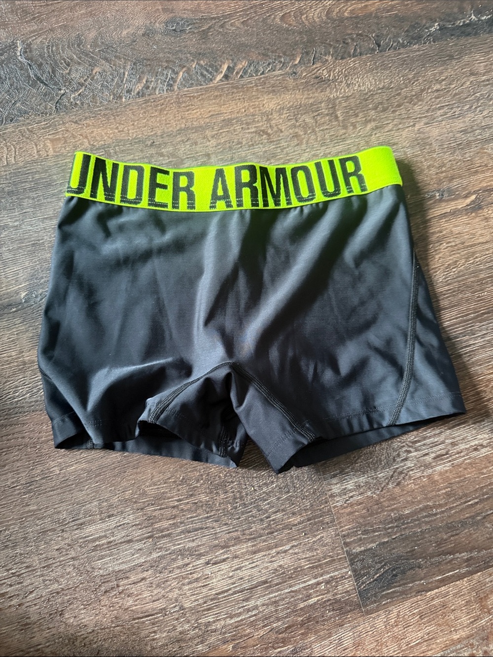 Under Armour Black Workout Compression Shorts with Neon Green Waistband